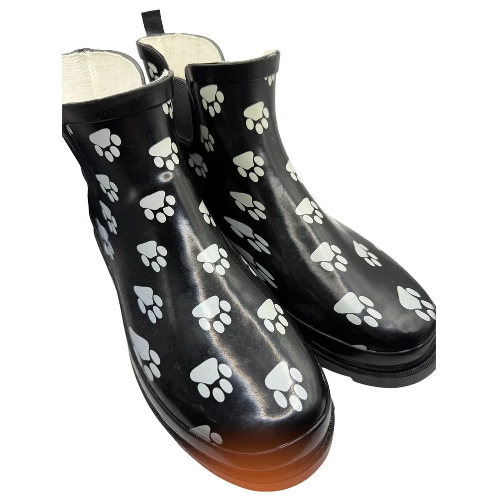 Norty Womens‎ Paw Print Rain Boots Black White Ankle Rubber Booties Size 11